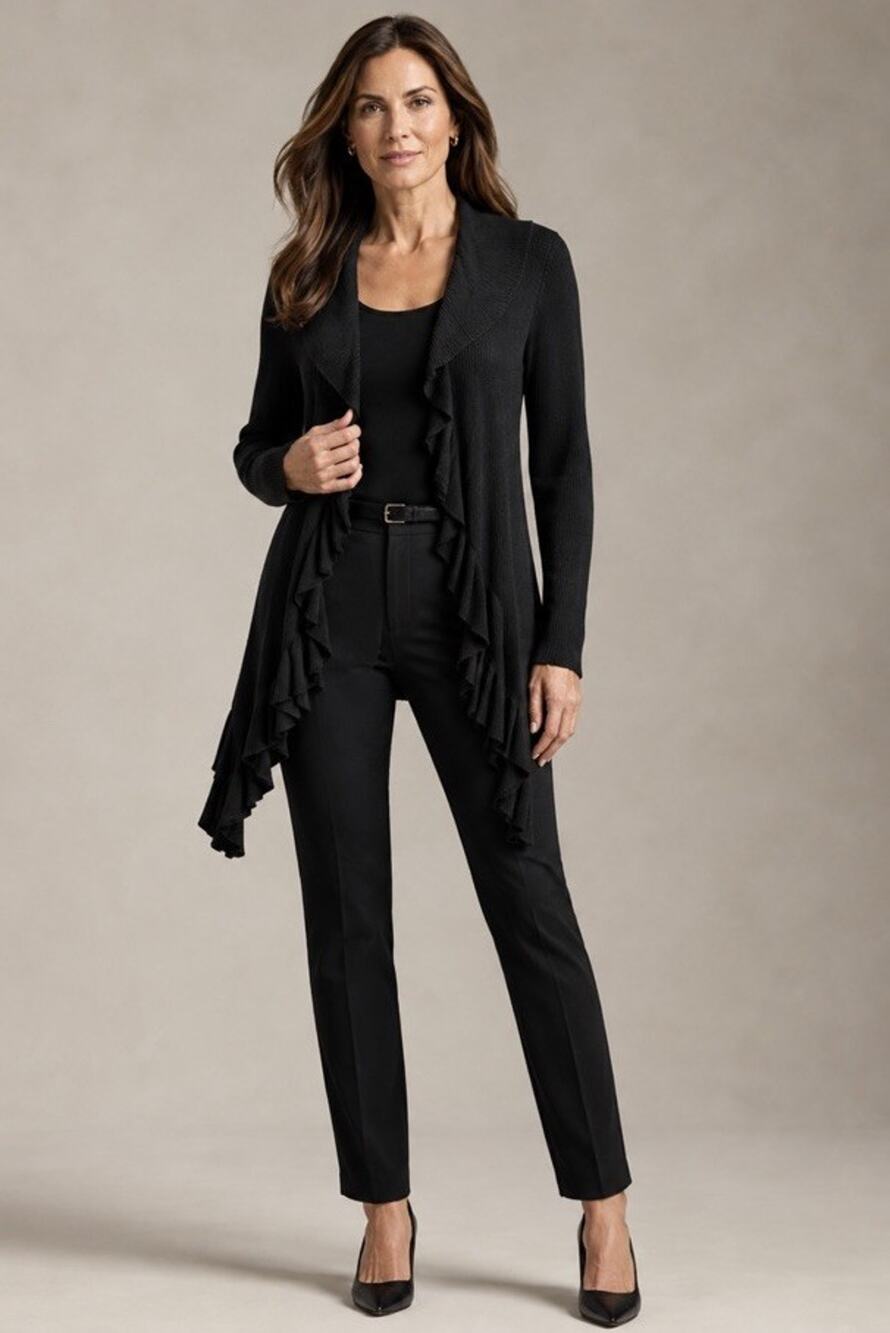 Lauren Ralph Lauren Women’s Open Ribbed Black Knit Cardigan Sz L Ruffled Trim